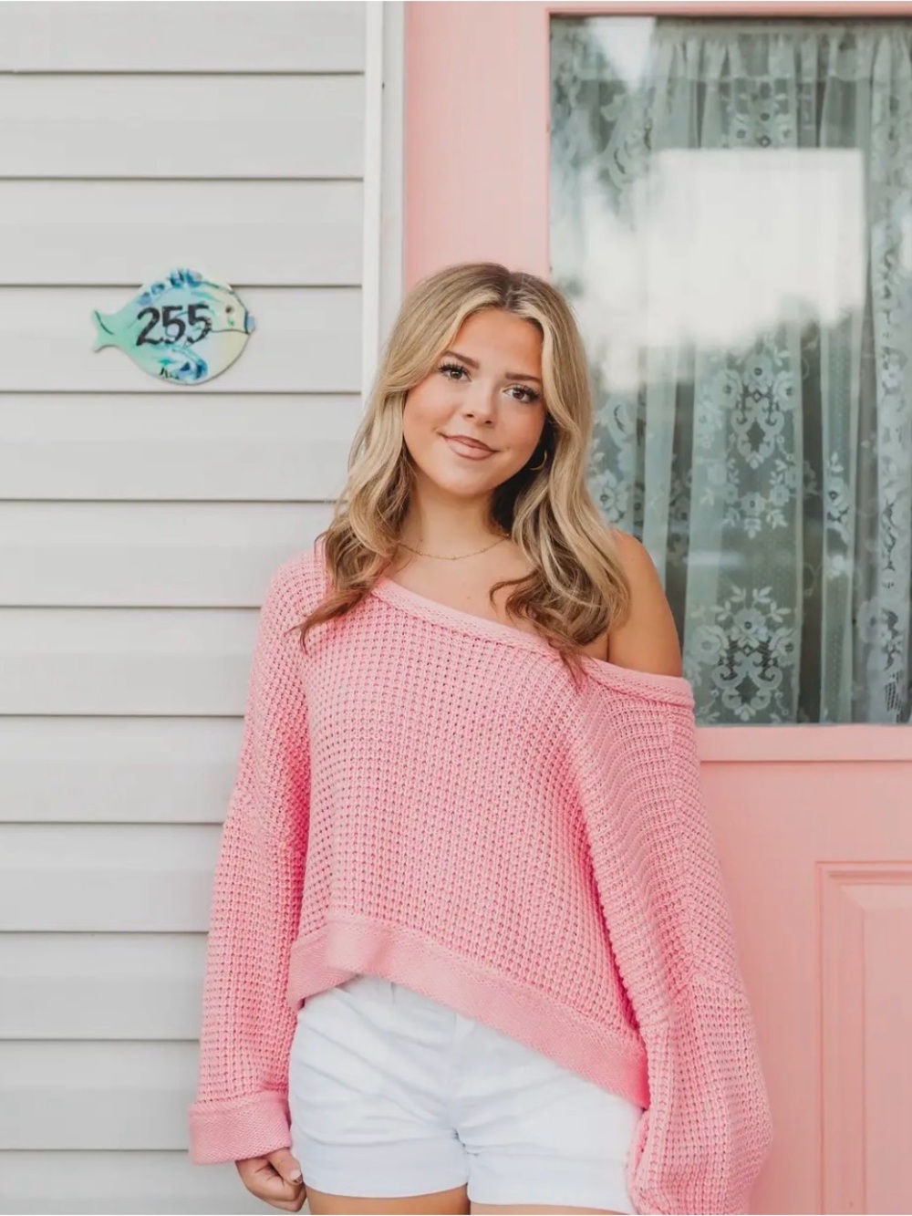 Women's Blush Pink Off-the-Shoulder Waffle Knit Sweater